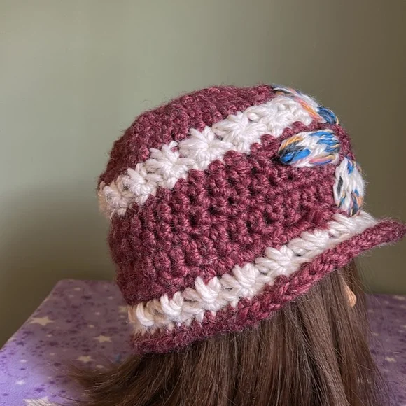 Handcrafted dark cherry Crochet Hat with Floral Accent medium extremely warm - Picture 10 of 10
